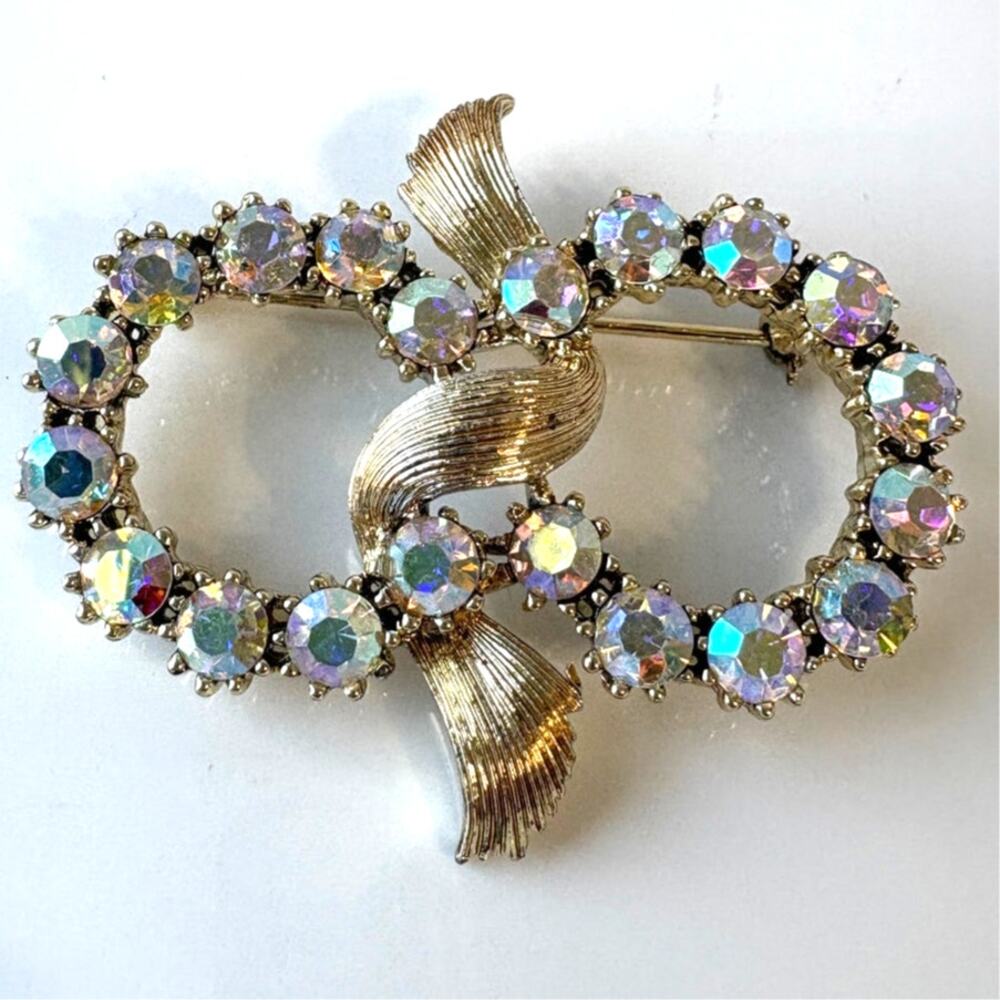 Vintage Rhinestone Bow Brooch Aurora Borealis Gold Tone Pin